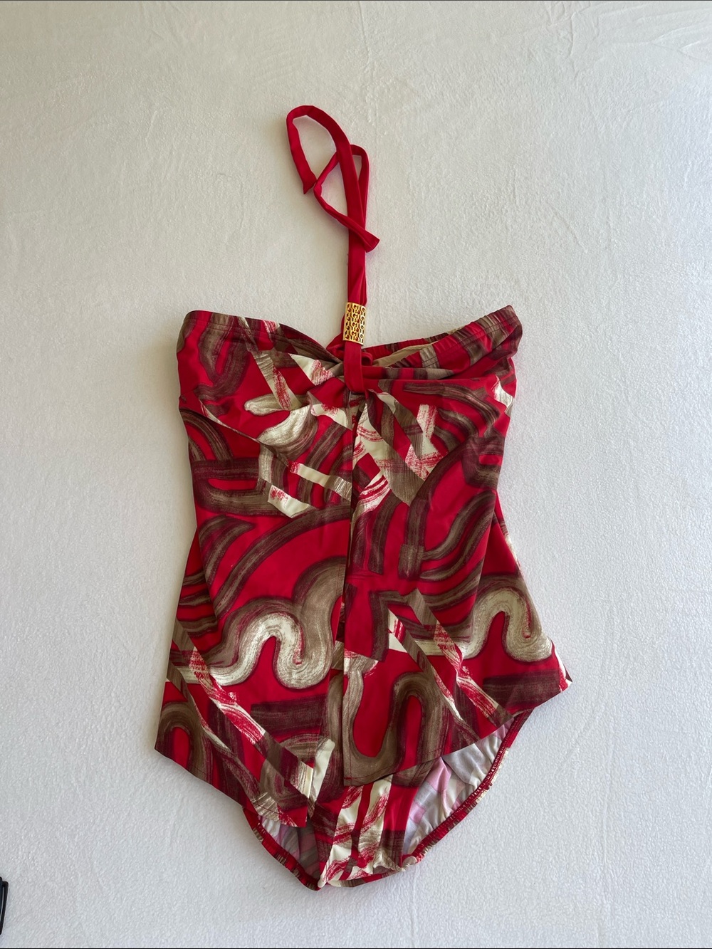 Tara Grinna Red Abstract Print Halter One Piece Swimsuit Size 16 Ruched Maillot